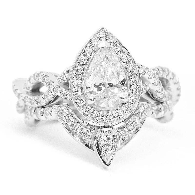 Pear Halo Diamond Twist Band Engagement Ring & Nesting Band - "The 3rd Eye" ♥