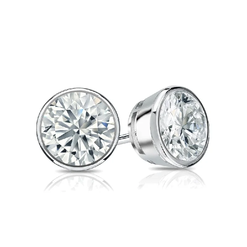 Auriya 18k Gold 3ctw Bezel-set Round Moissanite Stud Earrings - 7.4 mm, Push-Backs