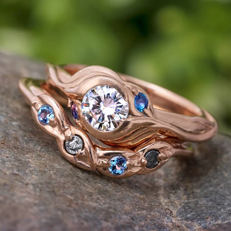 Unique Nature Inspired Bridal Set, Bezel Set Engagement Ring