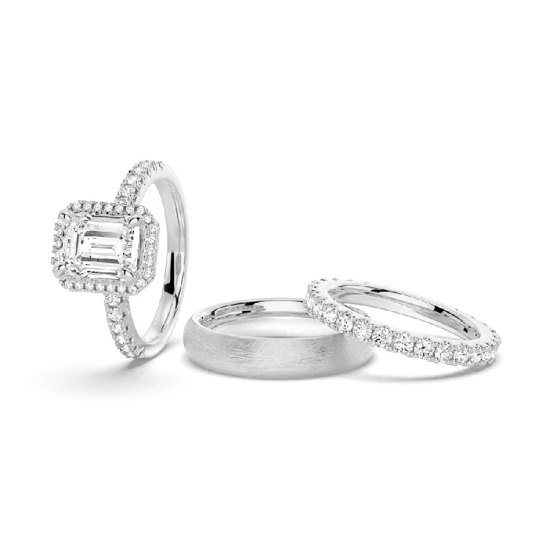 Emerald Cut Moissanite Couple's Ring Set with Men's Wedding Band