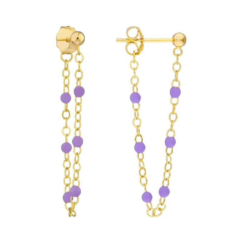 Curata 14k Yellow Gold Front To Back 6 Beads Lilac Enamel Earrings