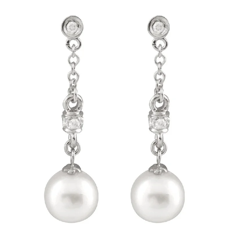 14k White Gold 1/6ct TDW Diamond and Dangling Akoya Pearl Earrings