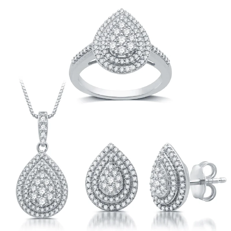 1-1/2 CTW Diamond Halo Pear Shape Ring Pendant Earrings Set in Rhodium Plated Sterling Silver