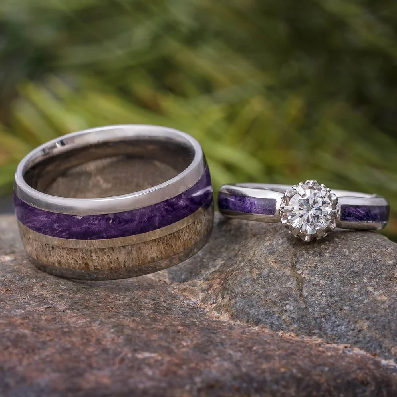 Purple Wood Wedding Ring Set with Moissanite Engagement Ring