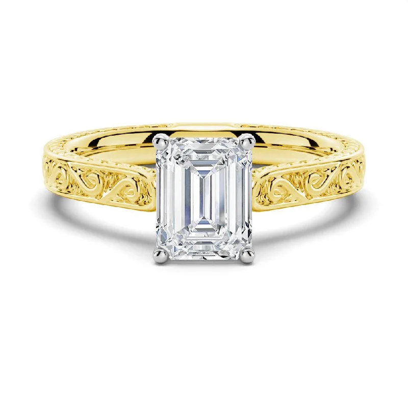 Vintage Two-Tone Emerald Cut Moissanite Engagement Ring With Milgrain Edges