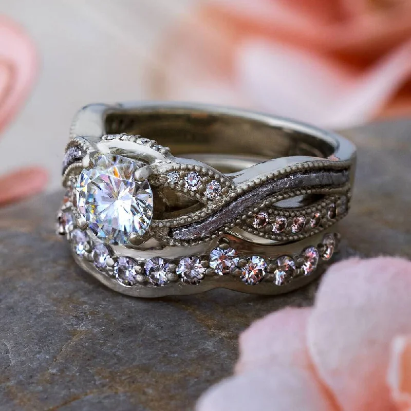 Bridal Set With Meteorite Engagement Ring and Band