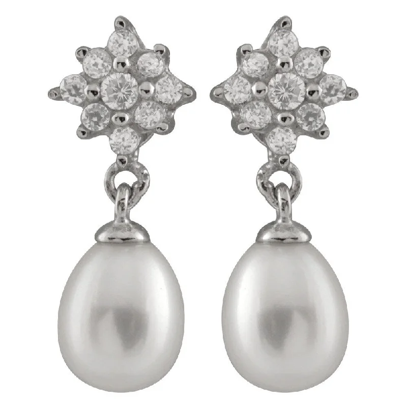 Sterling Silver Cubic Zirconia and Freshwater Pearl Earrings (7-8mm)