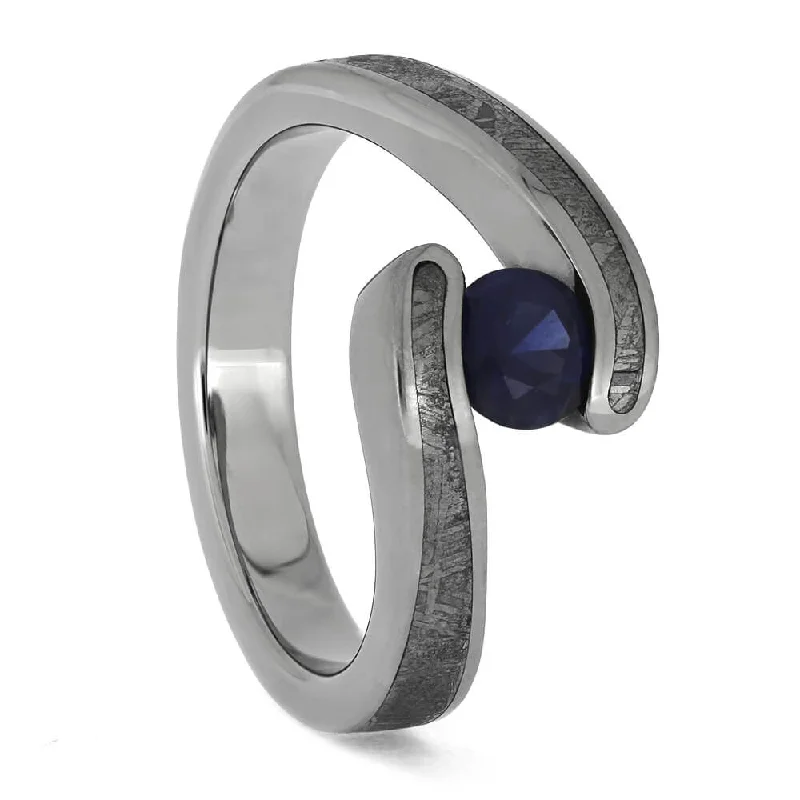 Azure Sapphire Engagement Ring with Meteorite Accents