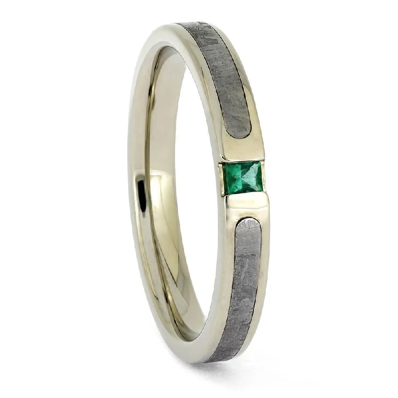 Meteorite Engagement Ring with Emerald Stone