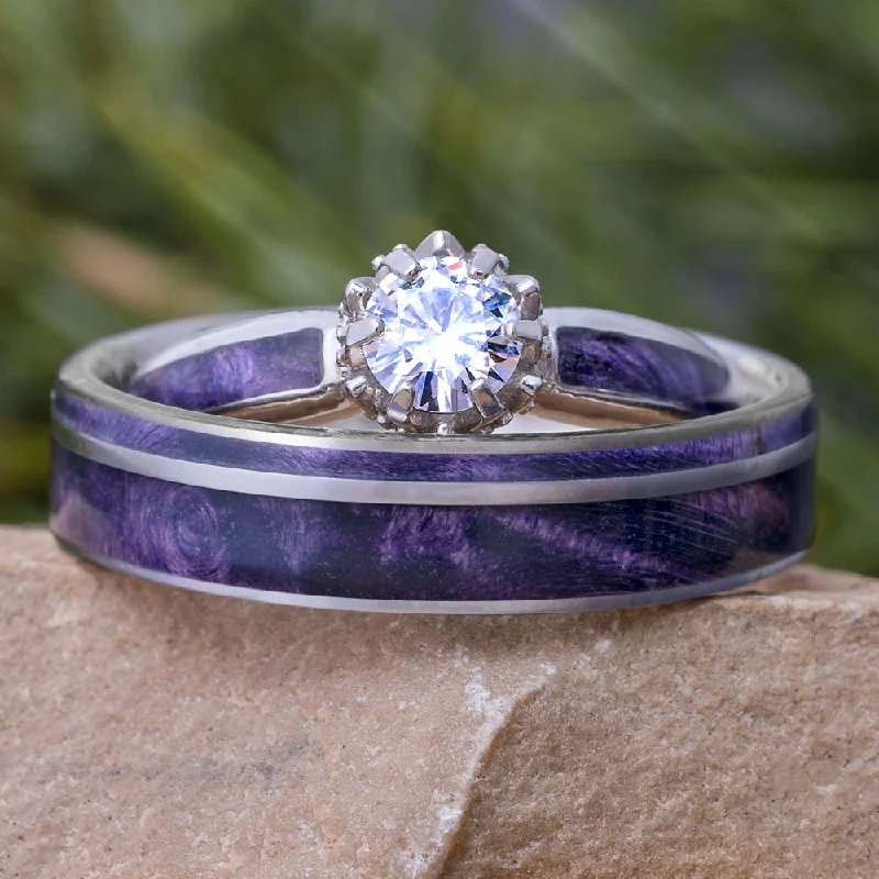 Purple Box Elder Burl Wedding Ring Set, Moissanite Engagement Ring with Wood Band