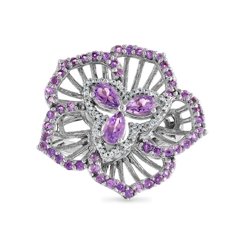 Pear Amethyst and Diamond Flower Ring in Sterling Silver