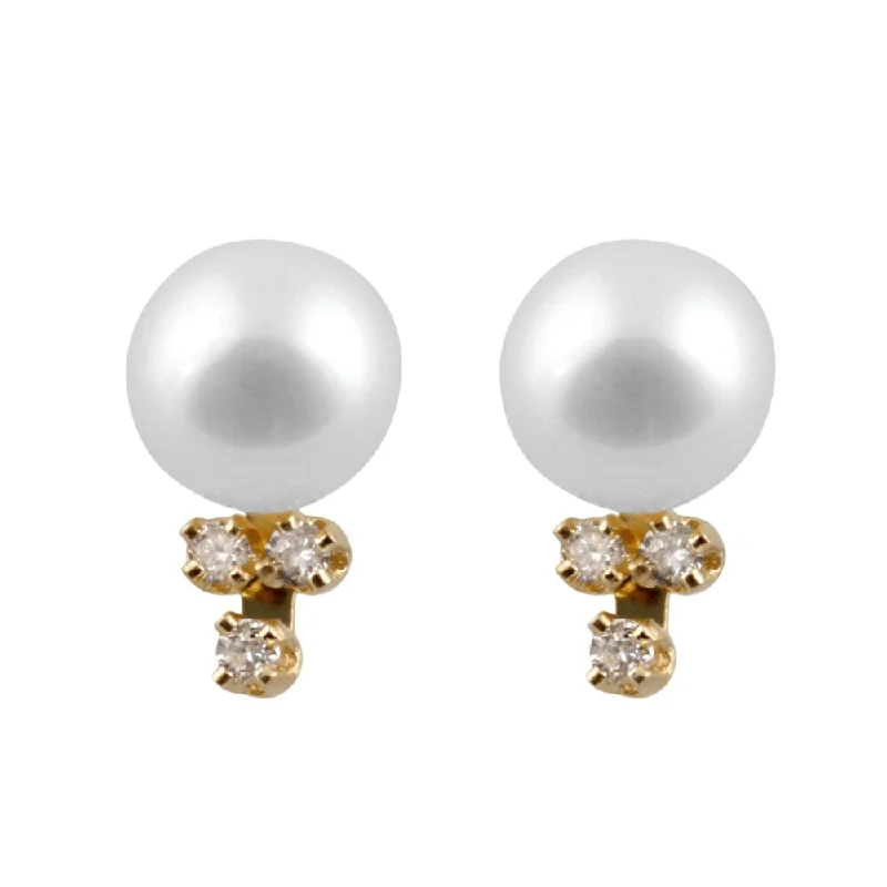 14k Yellow Gold Triple Diamond Accent and Pearl Earrings (7-8mm)