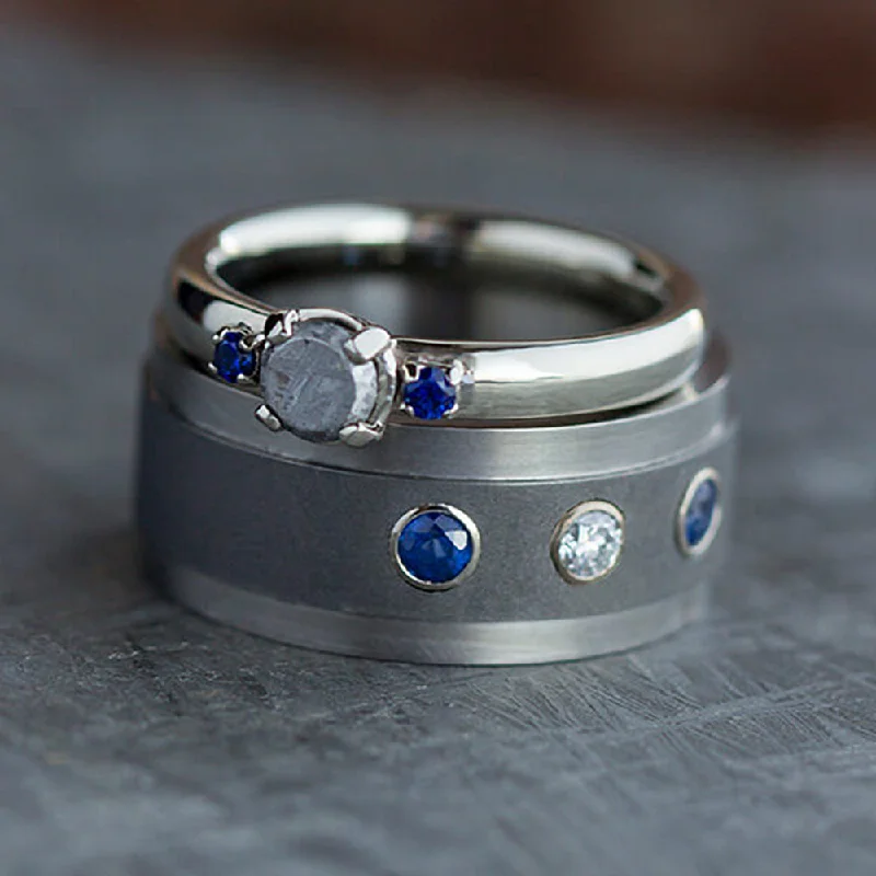 Blue Sapphire Wedding Ring Set, Meteorite Engagement Ring With Titanium Wedding Band