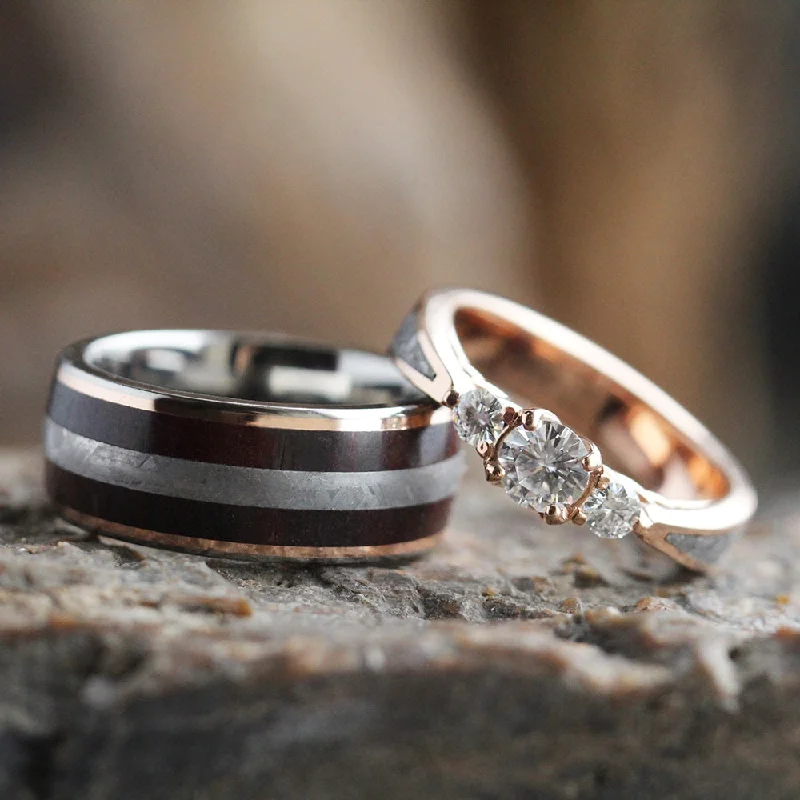 Meteorite Wedding Ring Set with Three Stone Engagement Ring