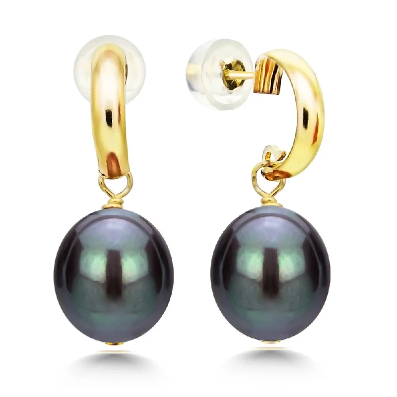 DaVonna 14k Yellow Gold 'C' Shape 8-9mm Long Shape Black Freshwater Cultured Pearl Dangle Stud Earrings