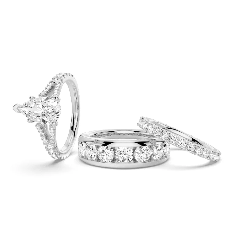 Pear Shaped Split-Shank Moissanite Couple's Ring Set with Men's Wedding Band