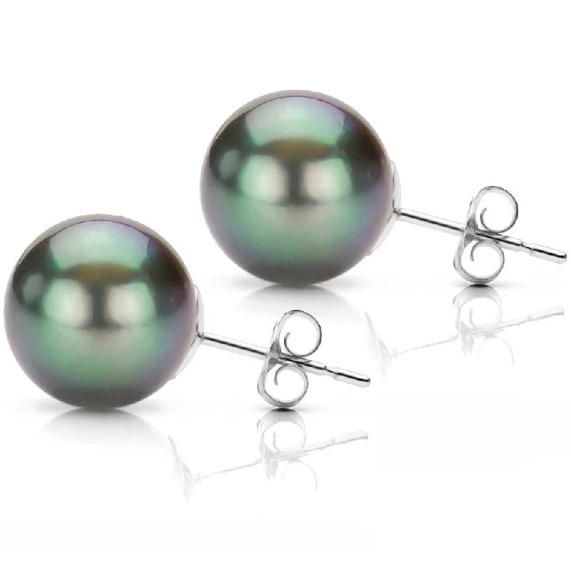 DaVonna Sterling Silver 10-10.5mm Black Round Tahitian Pearl Stud Earrings