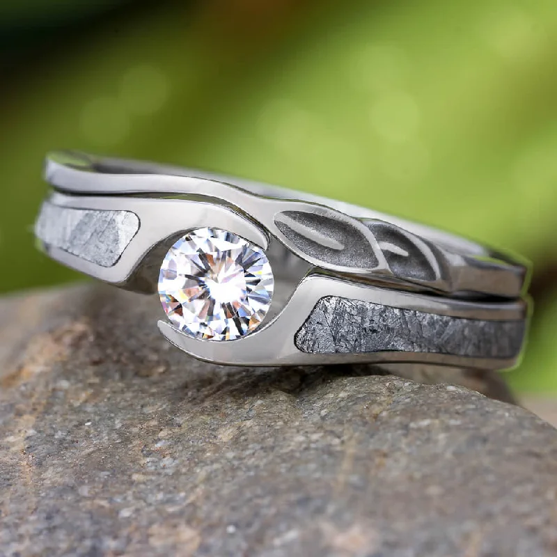 Meteorite Engagement Ring With Leaf Accented Shadow Band