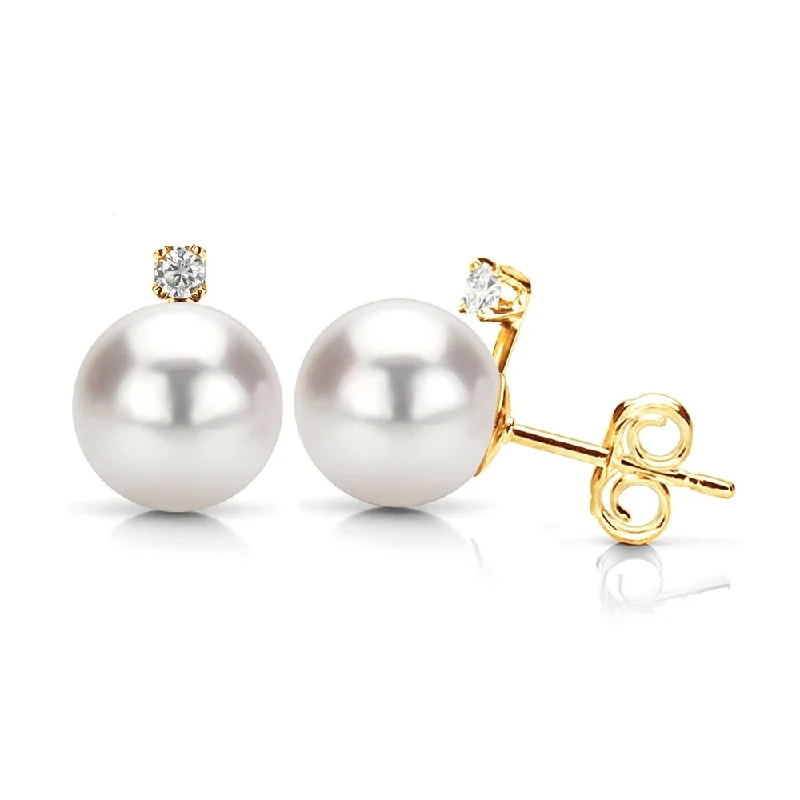 DaVonna 14k Gold with .10tcw Diamond White Akoya Pearl Stud Earrings 7.5-8mm