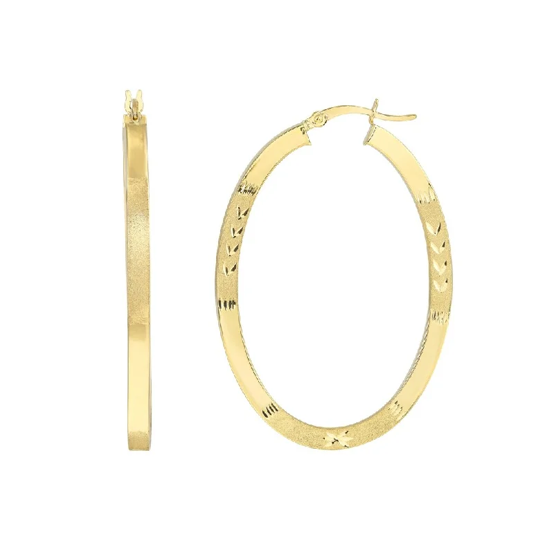 Curata 10k Yellow Gold Polished Sparkle Cut Design Square Tube Satin Oval Hoop Earrings - 45mm