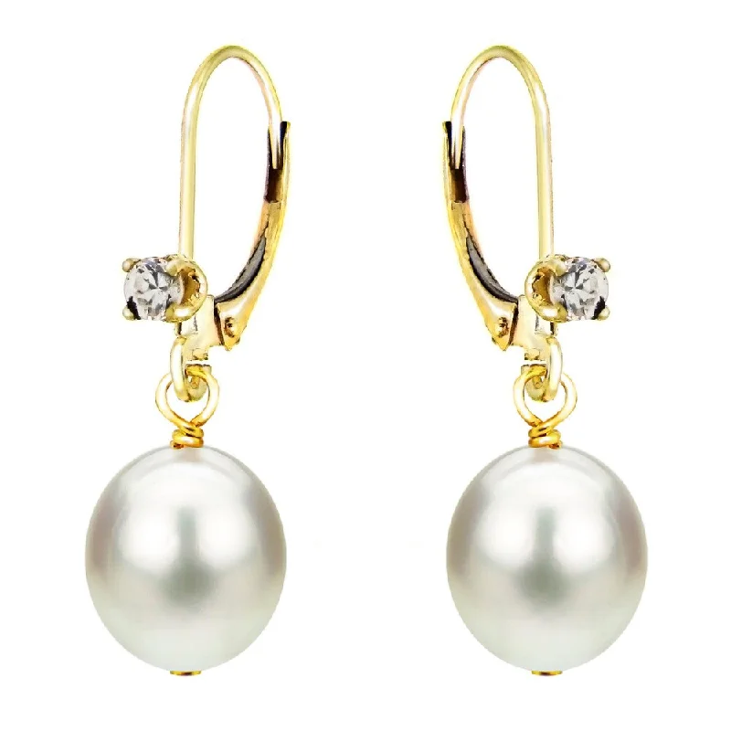 DaVonna 14k Yellow Gold 1/10ct Cubic Zirconia Long Shape White Freshwater Cultured Pearl Lever-back Earrings (8-9mm)