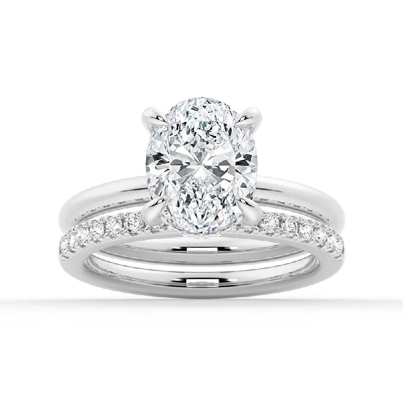 Oval Solitaire Hidden Halo Moissanite Ring Set with Matching Wedding Band