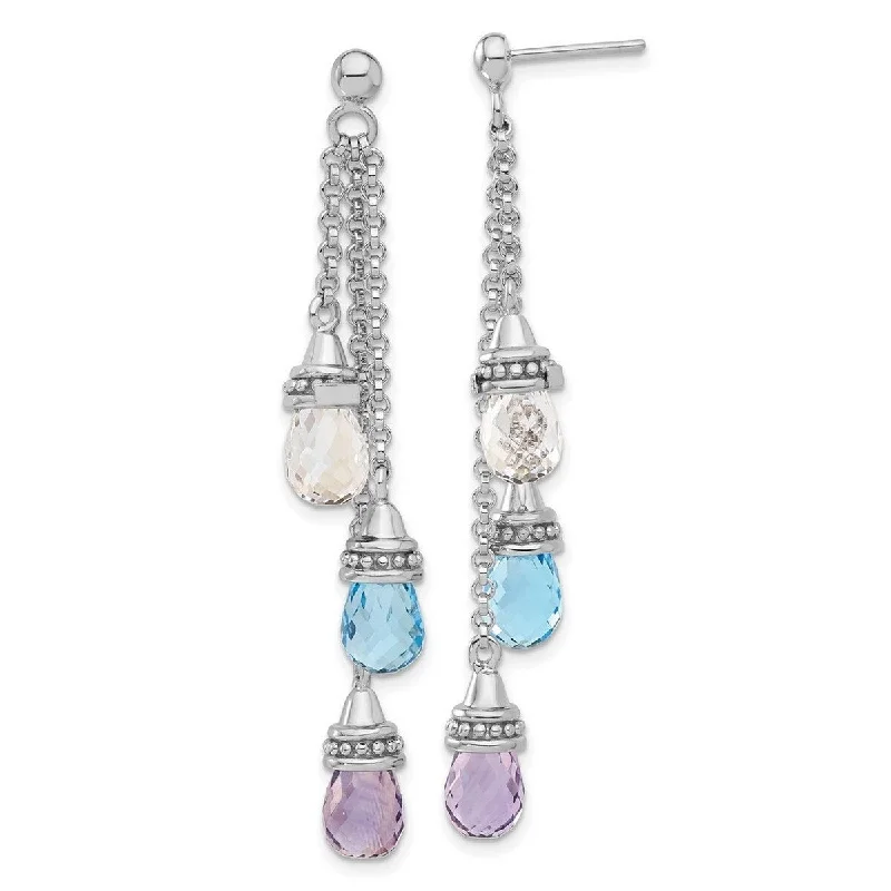 Curata 925 Sterling Silver Polished Amethyst and Blue And White Topaz Dangle Earrings