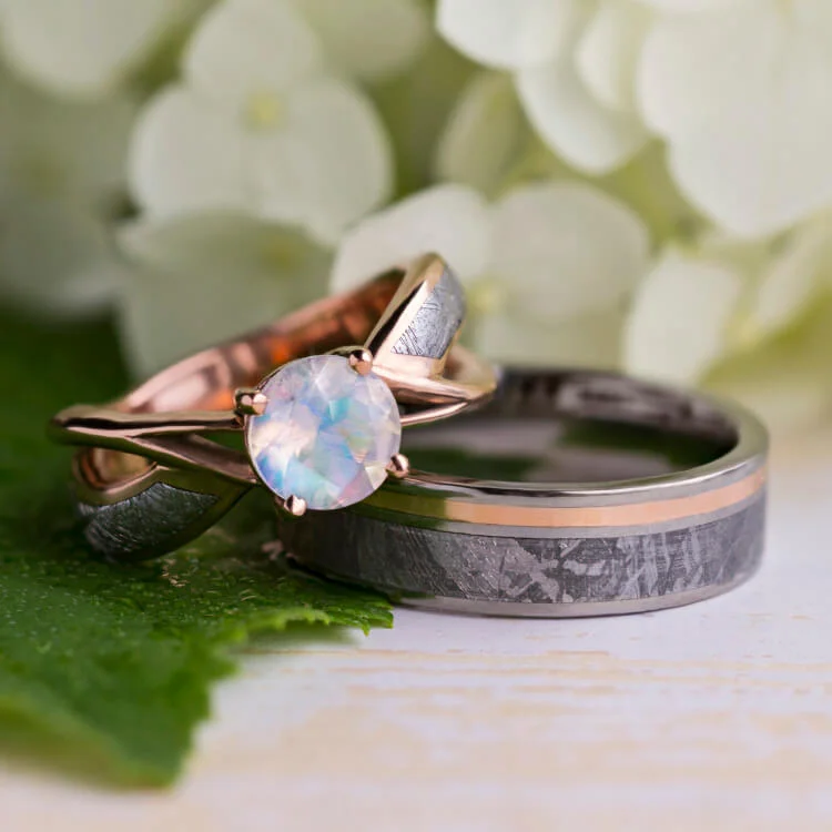 Meteorite Wedding Ring Set With Moonstone Engagement Ring