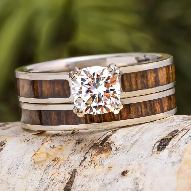 Wood Wedding Ring Set With Solitaire Engagement Ring