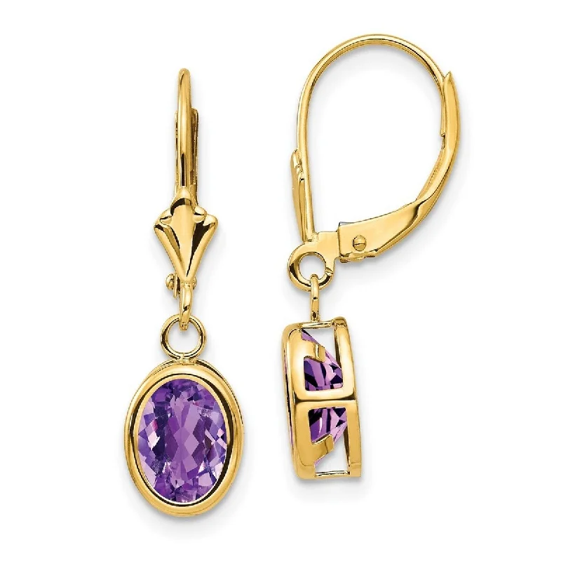 Curata 14k Yellow Gold Polished 8x6mm Oval Amethyst Leverback Earrings 27x8mm