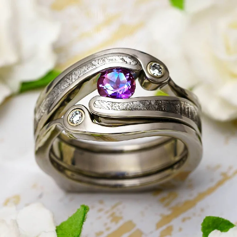 Meteorite Bridal Set with Alexandrite Engagement Ring