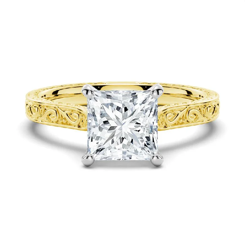 Vintage Two-Tone Princess Cut Moissanite Engagement Ring With Milgrain Edges