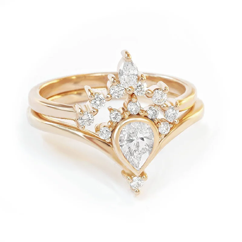 Pear Diamond Crown Engagement Ring, Two Ring Set - Valentia Pear + Romi ♥