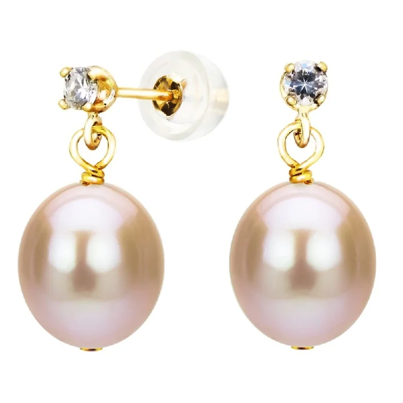 DaVonna 14K Yellow Gold 8-8.5mm Pink Cultured Freshwater Pearl 0.10tcw CZ Stud Earrings