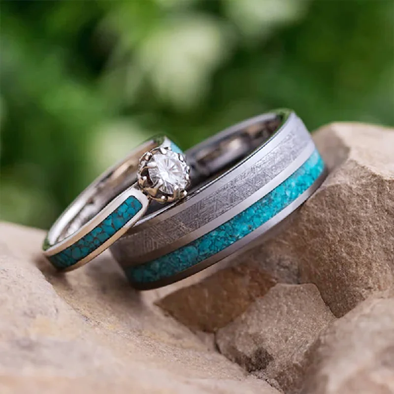 Turquoise Wedding Ring Set, Floral Engagement Ring With Meteorite Wedding Band