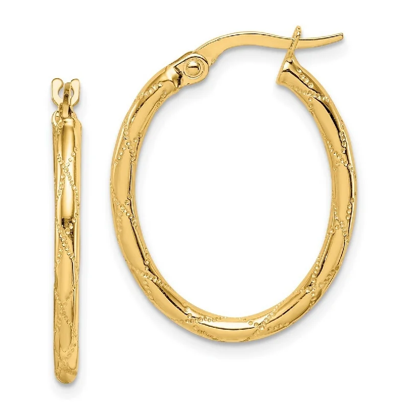 Curata 14k Yellow Gold 22.8mm Etched Oval Hoop Earrings