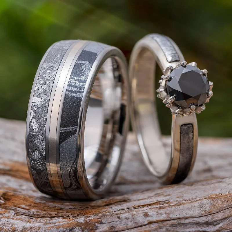 Black Diamond Ring Set, White Gold Wedding Rings With Meteorite