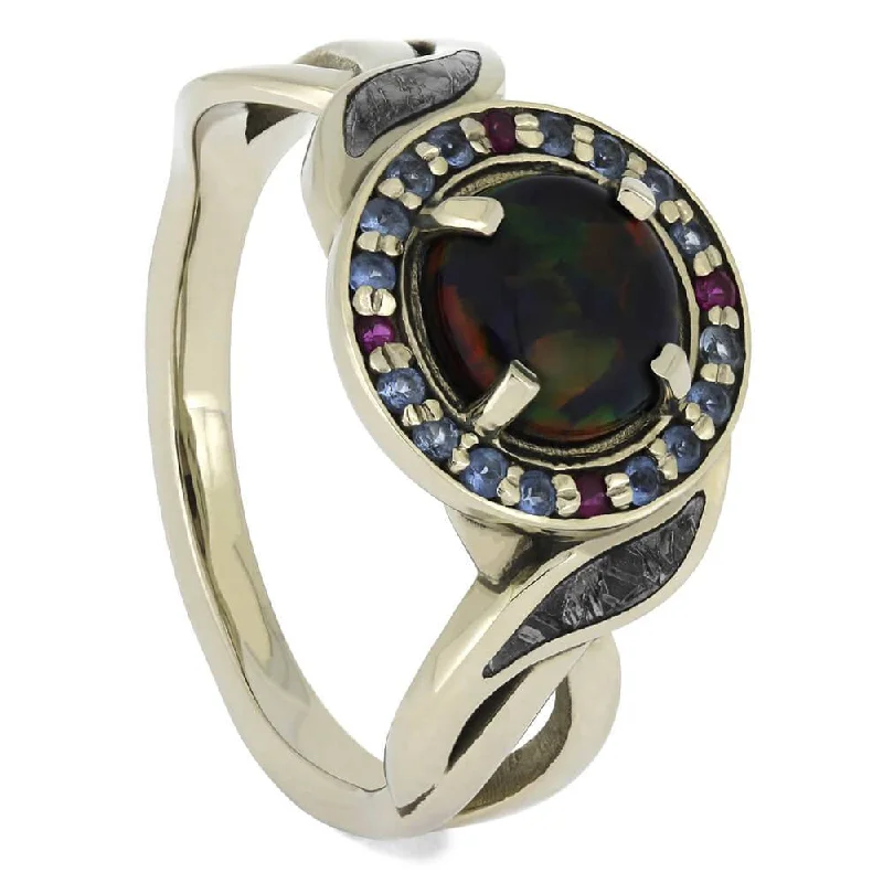 Opal Engagement Ring with Aquamarines and Rubies