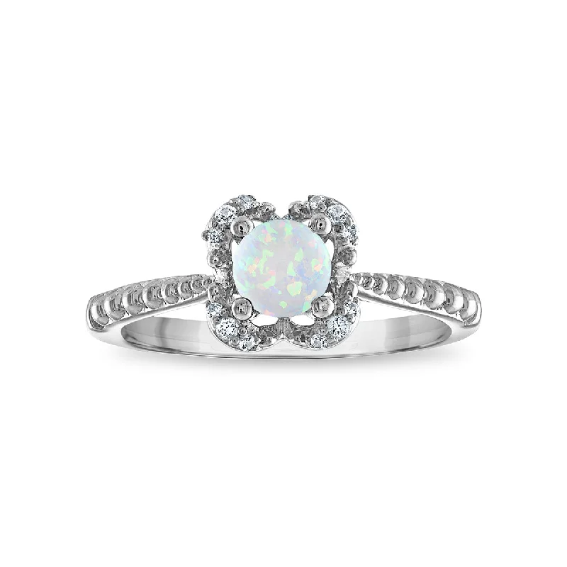 5MM Round Opal and White Sapphire Birthstone Flower Halo Ring in Sterling Silver