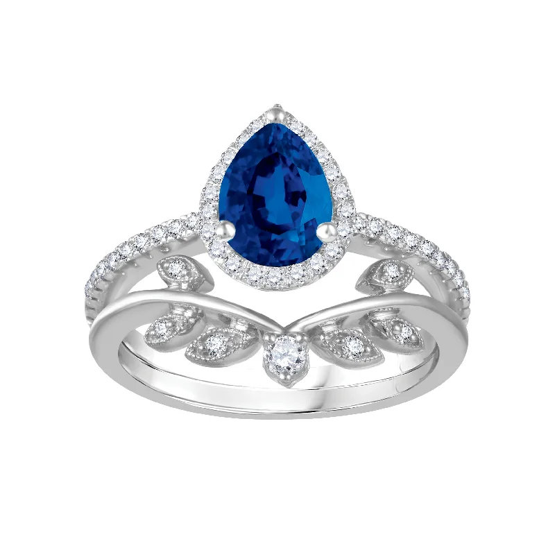 LoveSong EcoLove Blue Sapphire and Diamond Halo Bridal Set in 10KT White Gold