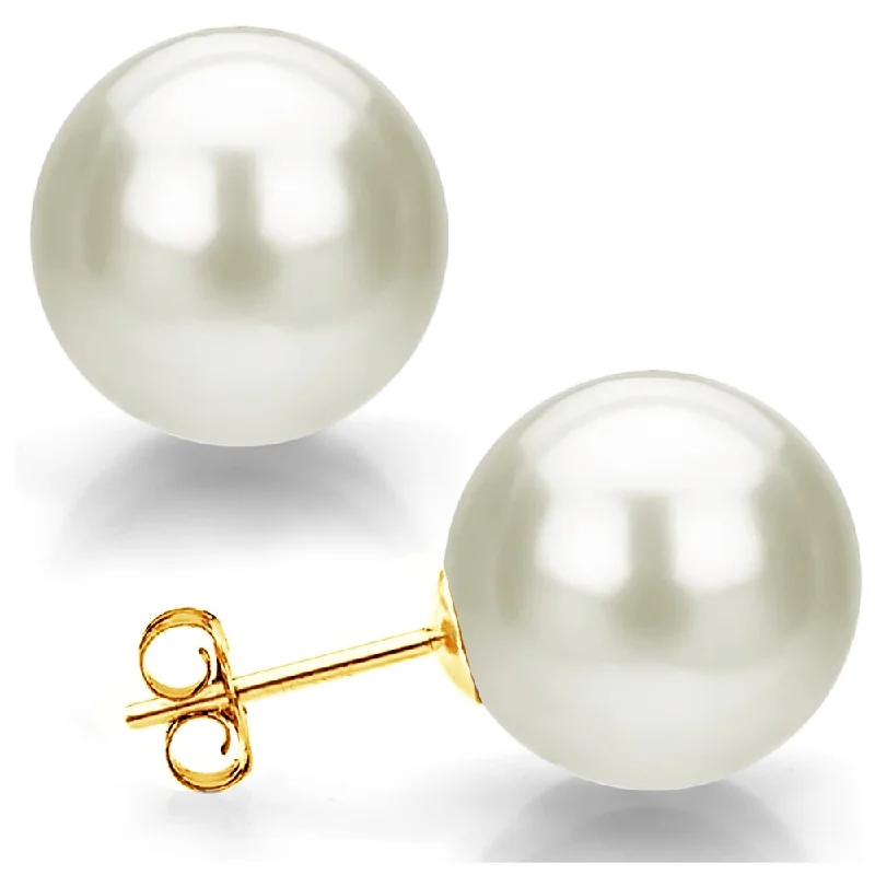 DaVonna 14k Yellow Gold 12mm White Round Shell Pearl Stud Earrings