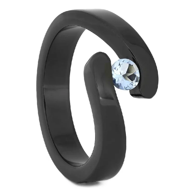 Black Zirconium Tension-Set Aquamarine Engagement Ring