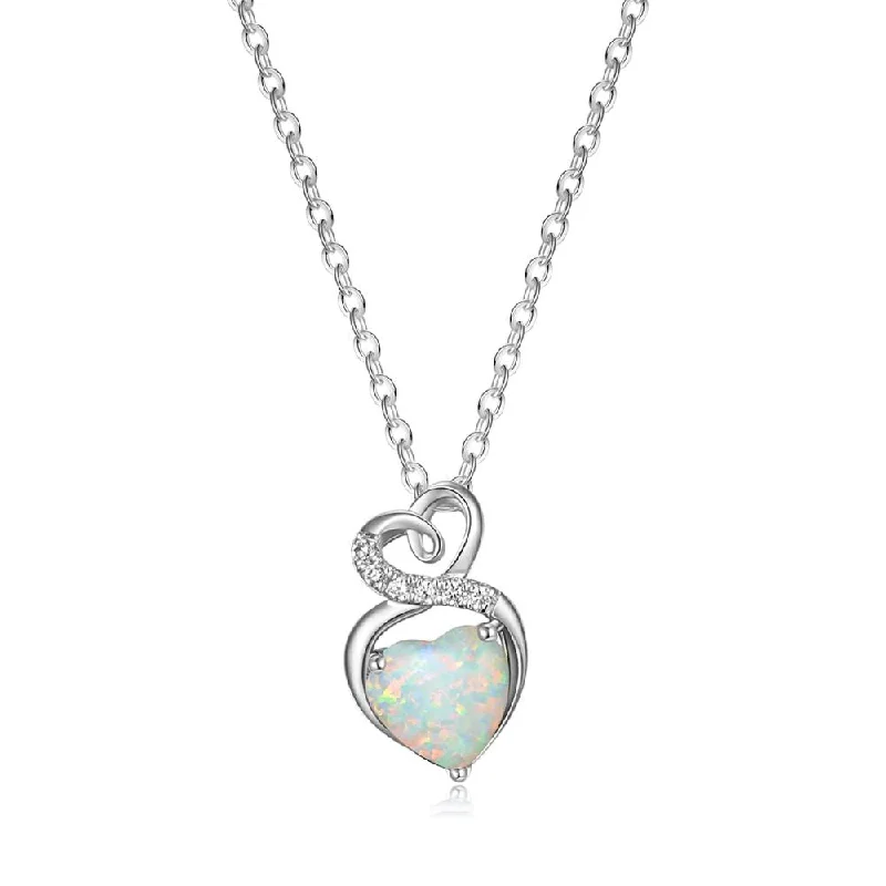 FANCIME "Infinity Heart" Opal October Gemstone Sterling Silver Necklace