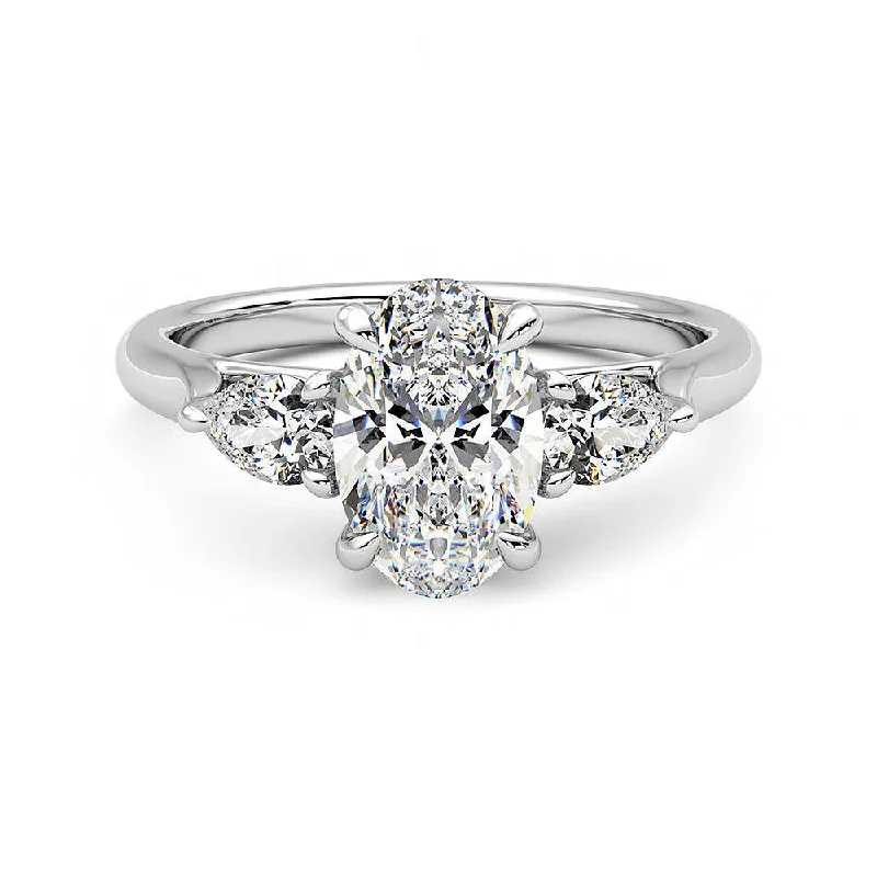 Three Stone Oval Cut Moissanite Engagement Ring with Hidden Anniversary Stone Accent