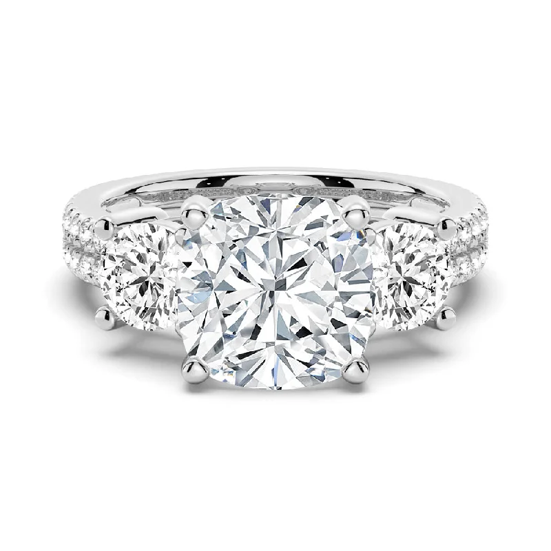 NEW Double Row Pave Three Stone Cushion Cut Engagement Ring