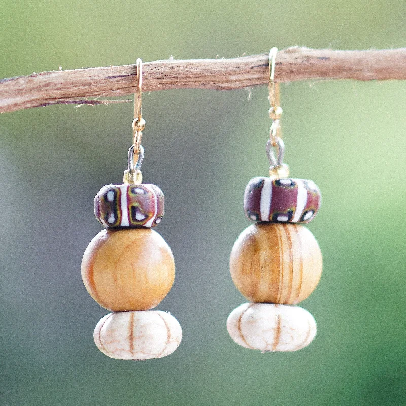 Novica Handmade Dzika Recycled Glass And Wood Beaded Dangle Earrings