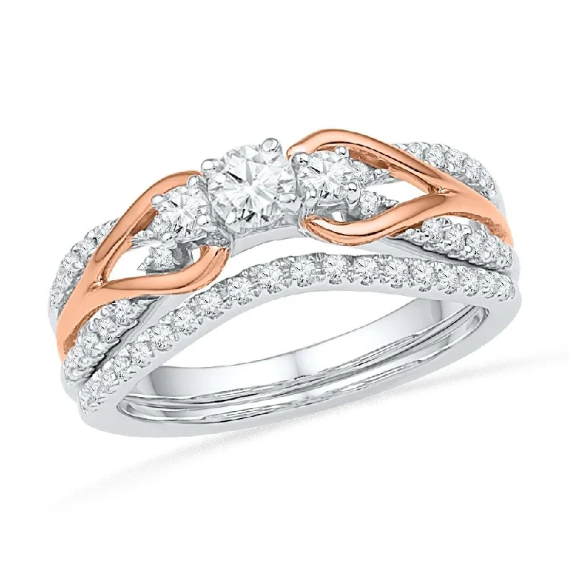 Two Tone Diamond Three Stone Engagement Ring & Band