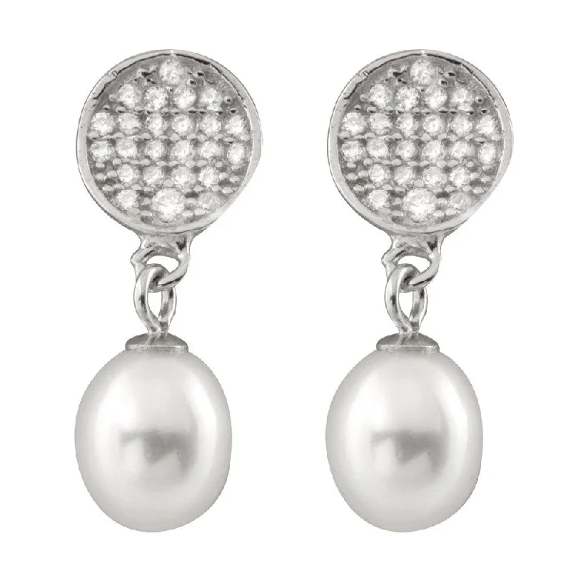 Sterling Silver Cubic Zirconia Micropave and Freshwater Pearl Earrings (7-8mm)