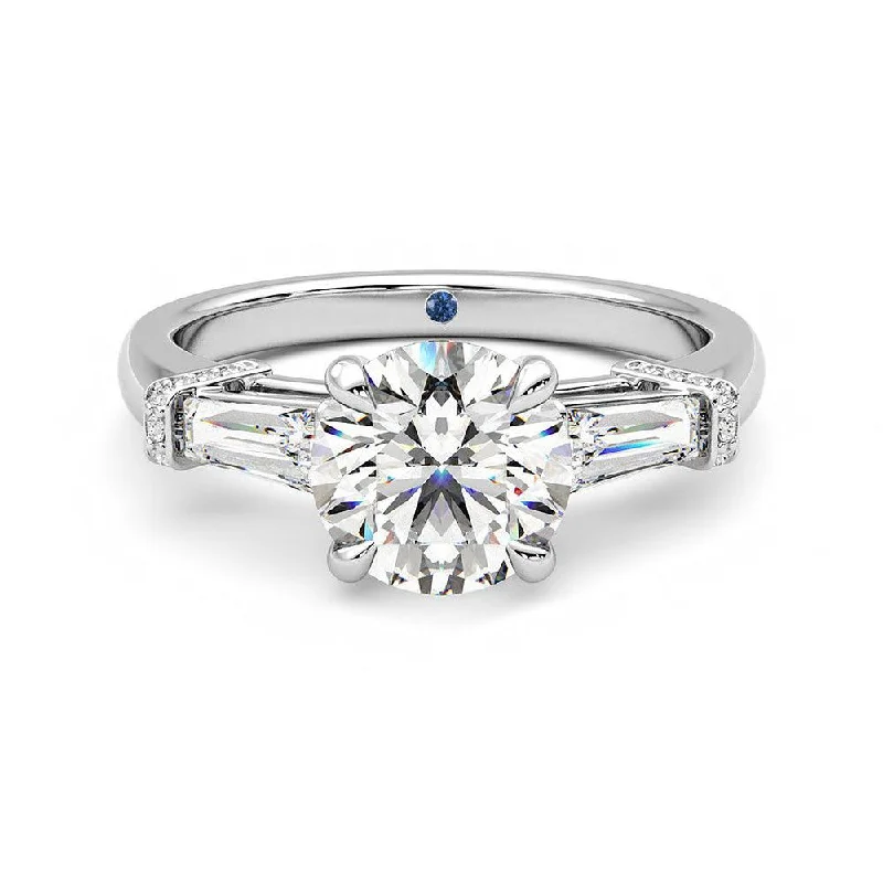 Three Stone Round Moissanite Engagement Ring with Hidden Anniversary Stone and Baguette Side Stones