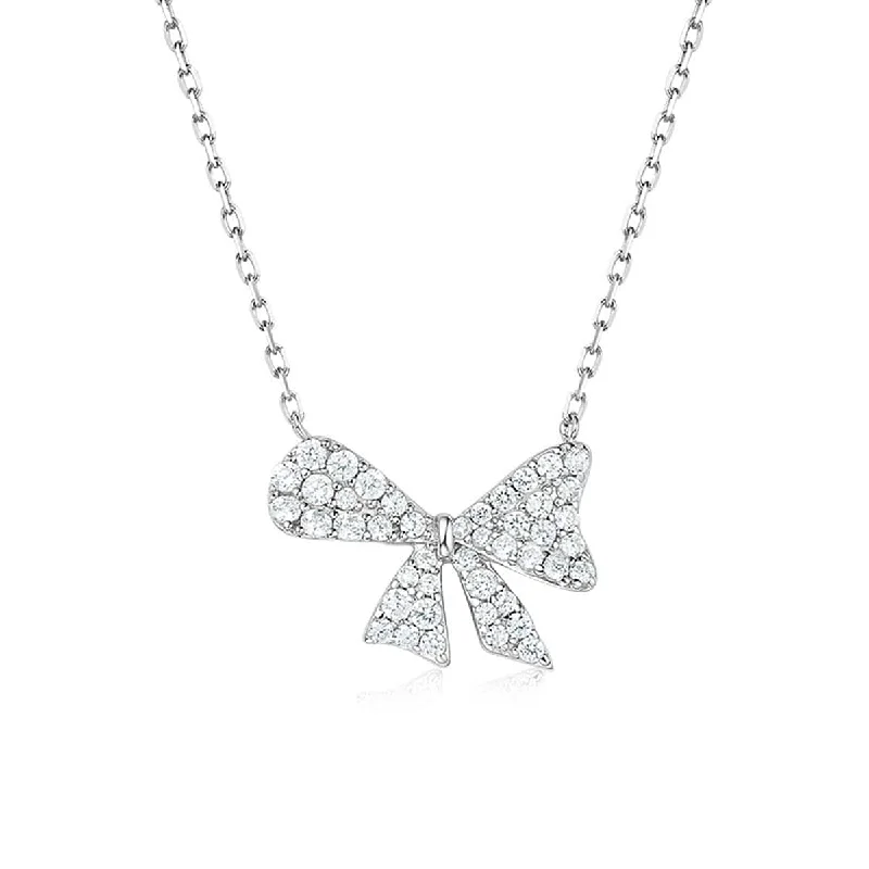 FANCIME "Sweet Pea" Bowtie Design White CZ Sterling Silver Necklace